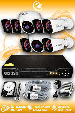 ELITCAM 8 Kameralı Kare 2 İç Kamera Set 250 GB HDD Full HD Gece Görüşlü Güvenlik Kamerası Sistemi