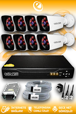 ELITCAM 8 Kameralı Kare 8 Dış Kamera Set HDD'siz Full HD Gece Görüşlü Güvenlik Kamerası Sistemi