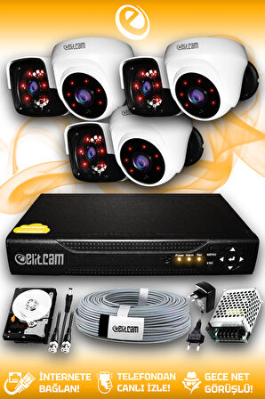 ELITCAM 6 Kameralı Panda 3 İç Kamera Set 2 TB HDD Full HD Gece Görüşlü Güvenlik Kamerası Sistemi