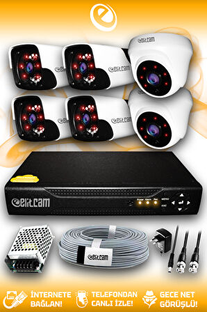 ELITCAM 6 Kameralı Panda 2 İç Kamera Set HDD'siz Full HD Gece Görüşlü Güvenlik Kamerası Sistemi