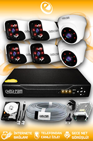 ELITCAM 6 Kameralı Panda 2 İç Kamera Set 320 GB HDD Full HD Gece Görüşlü Güvenlik Kamerası Sistemi
