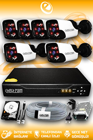 ELITCAM 6 Kameralı Panda 6 Dış Kamera Set 100 GB HDD Full HD Gece Görüşlü Güvenlik Kamerası Sistemi