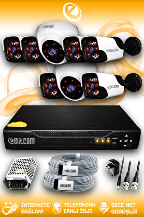 ELITCAM 8 Kameralı Panda 2 İç Kamera Set HDD'siz Full HD Gece Görüşlü Güvenlik Kamerası Sistemi