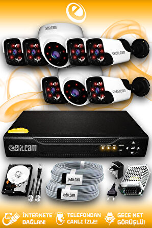 ELITCAM 8 Kameralı Panda 2 İç Kamera Set 100 GB HDD Full HD Gece Görüşlü Güvenlik Kamerası Sistemi