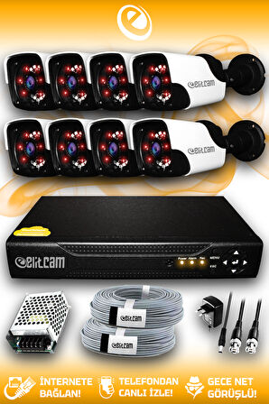 ELITCAM 8 Kameralı Panda 8 Dış Kamera Set HDD'siz Full HD Gece Görüşlü Güvenlik Kamerası Sistemi