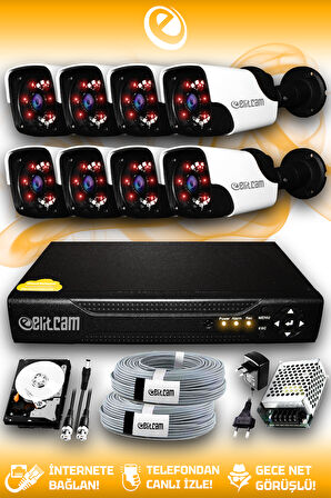 ELITCAM 8 Kameralı Panda 8 Dış Kamera Set 250 GB HDD Full HD Gece Görüşlü Güvenlik Kamerası Sistemi