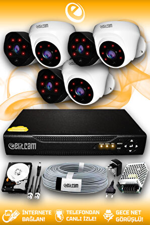 ELITCAM 6 Kameralı Uzay 3 İç Kamera Set 250 GB HDD Full HD Gece Görüşlü Güvenlik Kamerası Sistemi