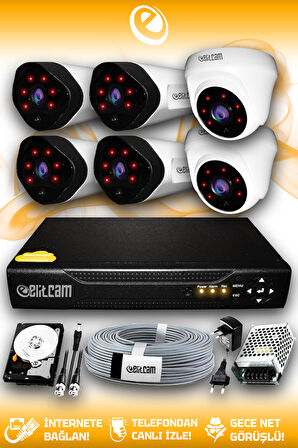 ELITCAM 6 Kameralı Uzay 2 İç Kamera Set 100 GB HDD Full HD Gece Görüşlü Güvenlik Kamerası Sistemi