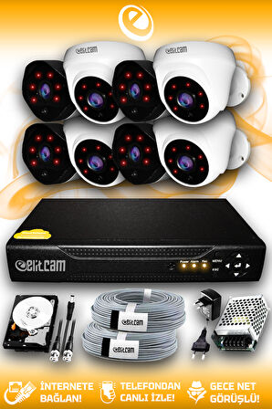 ELITCAM 8 Kameralı Uzay 4 İç Kamera Set 100 GB HDD Full HD Gece Görüşlü Güvenlik Kamerası Sistemi