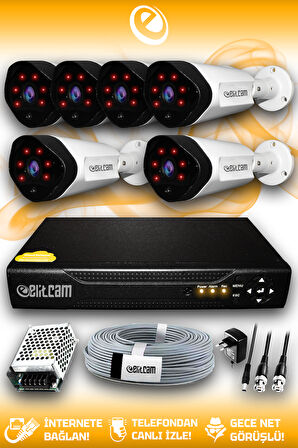 ELITCAM 6 Kameralı Uzay 6 Dış Kamera Set HDD'siz Full HD Gece Görüşlü Güvenlik Kamerası Sistemi