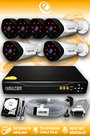 ELITCAM 6 Kameralı Uzay 6 Dış Kamera Set 250 GB HDD Full HD Gece Görüşlü Güvenlik Kamerası Sistemi