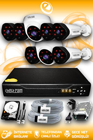 ELITCAM 8 Kameralı Uzay 2 İç Kamera Set 100 GB HDD Full HD Gece Görüşlü Güvenlik Kamerası Sistemi