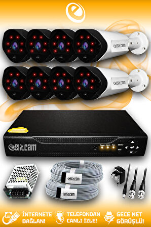 ELITCAM 8 Kameralı Uzay 8 Dış Kamera Set HDD'siz Full HD Gece Görüşlü Güvenlik Kamerası Sistemi