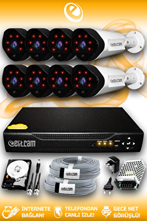 ELITCAM 8 Kameralı Uzay 8 Dış Kamera Set 250 GB HDD Full HD Gece Görüşlü Güvenlik Kamerası Sistemi