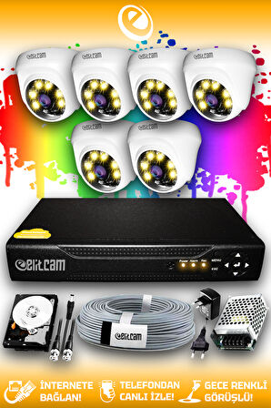 ELITCAM 6 Kameralı Dome 6 İç Kamera Set 2 TB HDD Full HD Renkli Gece Görüşlü Güvenlik Kamerası Sistemi