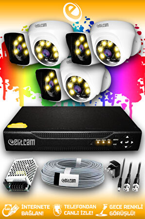 ELITCAM 6 Kameralı Kare 3 İç Kamera Set HDD'siz Full HD Renkli Gece Görüşlü Güvenlik Kamerası Sistemi