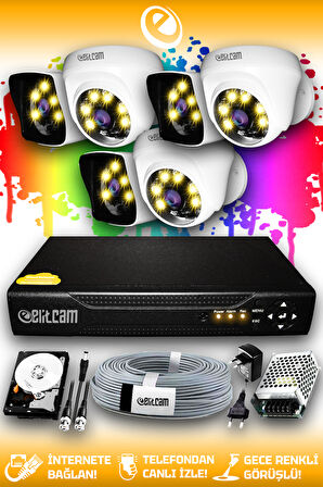ELITCAM 6 Kameralı Kare 3 İç Kamera Set 1 TB HDD Full HD Renkli Gece Görüşlü Güvenlik Kamerası Sistemi