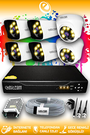 ELITCAM 6 Kameralı Kare 2 İç Kamera Set HDD'siz Full HD Renkli Gece Görüşlü Güvenlik Kamerası Sistemi
