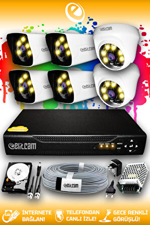 ELITCAM 6 Kameralı Kare 2 İç Kamera Set 100 GB HDD Full HD Renkli Gece Görüşlü Güvenlik Kamerası Sistemi