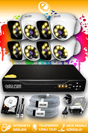 ELITCAM 8 Kameralı Kare 4 İç Kamera Set 100 GB HDD Full HD Renkli Gece Görüşlü Güvenlik Kamerası Sistemi