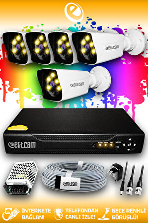 ELITCAM 5 Kameralı Kare 5 Dış Kamera Set HDD'siz Full HD Renkli Gece Görüşlü Güvenlik Kamerası Sistemi