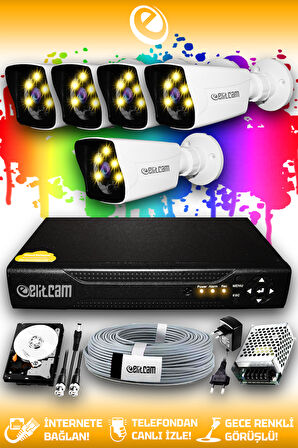 ELITCAM 5 Kameralı Kare 5 Dış Kamera Set 1 TB HDD Full HD Renkli Gece Görüşlü Güvenlik Kamerası Sistemi