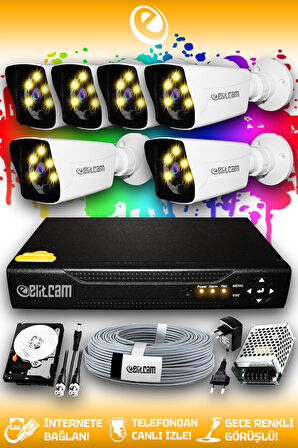 ELITCAM 6 Kameralı Kare 6 Dış Kamera Set 320 GB HDD Full HD Renkli Gece Görüşlü Güvenlik Kamerası Sistemi