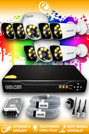 ELITCAM 8 Kameralı Kare 2 İç Kamera Set HDD'siz Full HD Renkli Gece Görüşlü Güvenlik Kamerası Sistemi