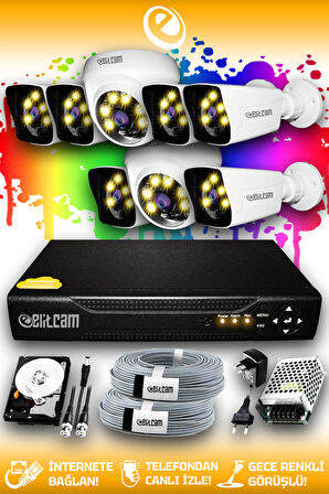 ELITCAM 8 Kameralı Kare 2 İç Kamera Set 100 GB HDD Full HD Renkli Gece Görüşlü Güvenlik Kamerası Sistemi