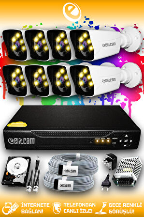 ELITCAM 8 Kameralı Kare 8 Dış Kamera Set 320 GB HDD Full HD Renkli Gece Görüşlü Güvenlik Kamerası Sistemi
