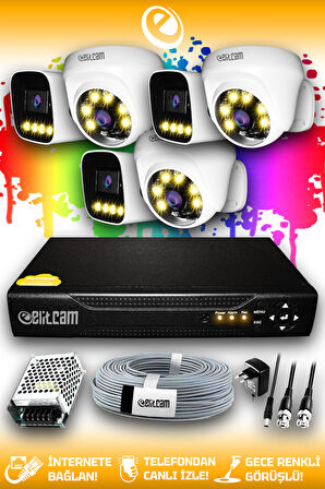 ELITCAM 6 Kameralı Zebra 3 İç Kamera Set HDD'siz Full HD Renkli Gece Görüşlü Güvenlik Kamerası Sistemi
