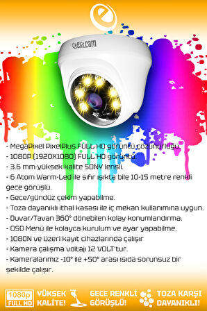 ELITCAM 6 Kameralı Zebra 2 İç Kamera Set HDD'siz Full HD Renkli Gece Görüşlü Güvenlik Kamerası Sistemi