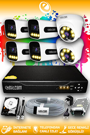 ELITCAM 6 Kameralı Zebra 2 İç Kamera Set 100 GB HDD Full HD Renkli Gece Görüşlü Güvenlik Kamerası Sistemi