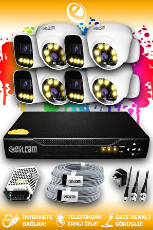 ELITCAM 8 Kameralı Zebra 4 İç Kamera Set HDD'siz Full HD Renkli Gece Görüşlü Güvenlik Kamerası Sistemi