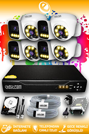 ELITCAM 8 Kameralı Zebra 4 İç Kamera Set 100 GB HDD Full HD Renkli Gece Görüşlü Güvenlik Kamerası Sistemi