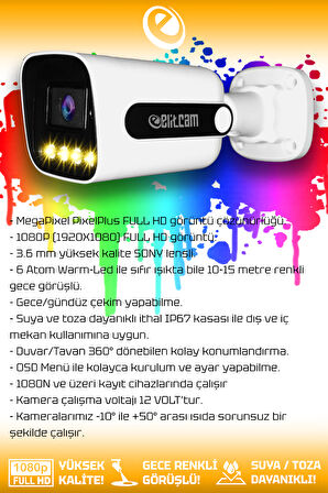 ELITCAM 5 Kameralı Zebra 5 Dış Kamera Set HDD'siz Full HD Renkli Gece Görüşlü Güvenlik Kamerası Sistemi