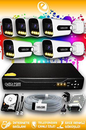 ELITCAM 6 Kameralı Zebra 6 Dış Kamera Set 100 GB HDD Full HD Renkli Gece Görüşlü Güvenlik Kamerası Sistemi