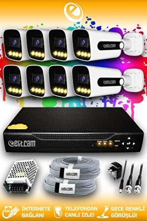 ELITCAM 8 Kameralı Zebra 8 Dış Kamera Set HDD'siz Full HD Renkli Gece Görüşlü Güvenlik Kamerası Sistemi