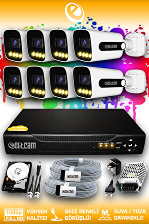ELITCAM 8 Kameralı Zebra 8 Dış Kamera Set 100 GB HDD Full HD Renkli Gece Görüşlü Güvenlik Kamerası Sistemi