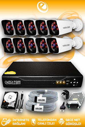 ELITCAM 10 Kameralı Kare 10 Dış Kamera Set 320 GB HDD Full HD Gece Görüşlü Güvenlik Kamerası Sistemi