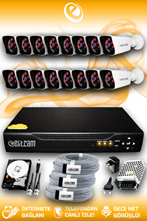ELITCAM 16 Kameralı Kare 16 Dış Kamera Set 1 TB HDD Full HD Gece Görüşlü Güvenlik Kamerası Sistemi