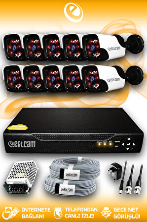 ELITCAM 10 Kameralı Panda 10 Dış Kamera Set HDD'siz Full HD Gece Görüşlü Güvenlik Kamerası Sistemi