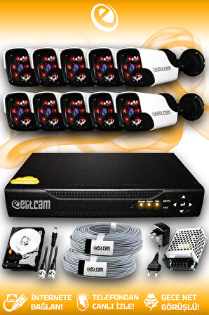 ELITCAM 10 Kameralı Panda 10 Dış Kamera Set 100 GB HDD Full HD Gece Görüşlü Güvenlik Kamerası Sistemi