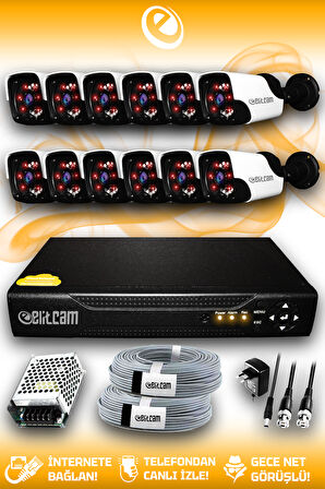 ELITCAM 12 Kameralı Panda 12 Dış Kamera Set HDD'siz Full HD Gece Görüşlü Güvenlik Kamerası Sistemi