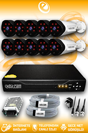 ELITCAM 10 Kameralı Uzay 10 Dış Kamera Set HDD'siz Full HD Gece Görüşlü Güvenlik Kamerası Sistemi