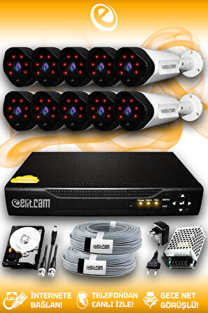 ELITCAM 10 Kameralı Uzay 10 Dış Kamera Set 1 TB HDD Full HD Gece Görüşlü Güvenlik Kamerası Sistemi