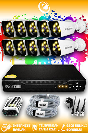 ELITCAM 10 Kameralı Kare 10 Dış Kamera Set HDD'siz Full HD Renkli Gece Görüşlü Güvenlik Kamerası Sistemi