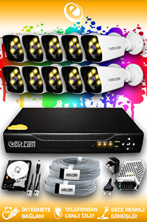 ELITCAM 10 Kameralı Kare 10 Dış Kamera Set 250 GB HDD Full HD Renkli Gece Görüşlü Güvenlik Kamerası Sistemi