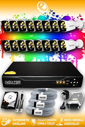 ELITCAM 16 Kameralı Kare 16 Dış Kamera Set 500 GB HDD Full HD Renkli Gece Görüşlü Güvenlik Kamerası Sistemi