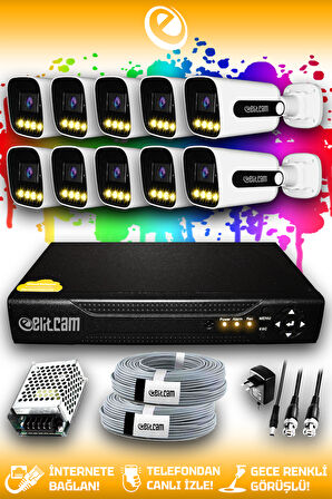 ELITCAM 10 Kameralı Zebra 10 Dış Kamera Set HDD'siz Full HD Renkli Gece Görüşlü Güvenlik Kamerası Sistemi
